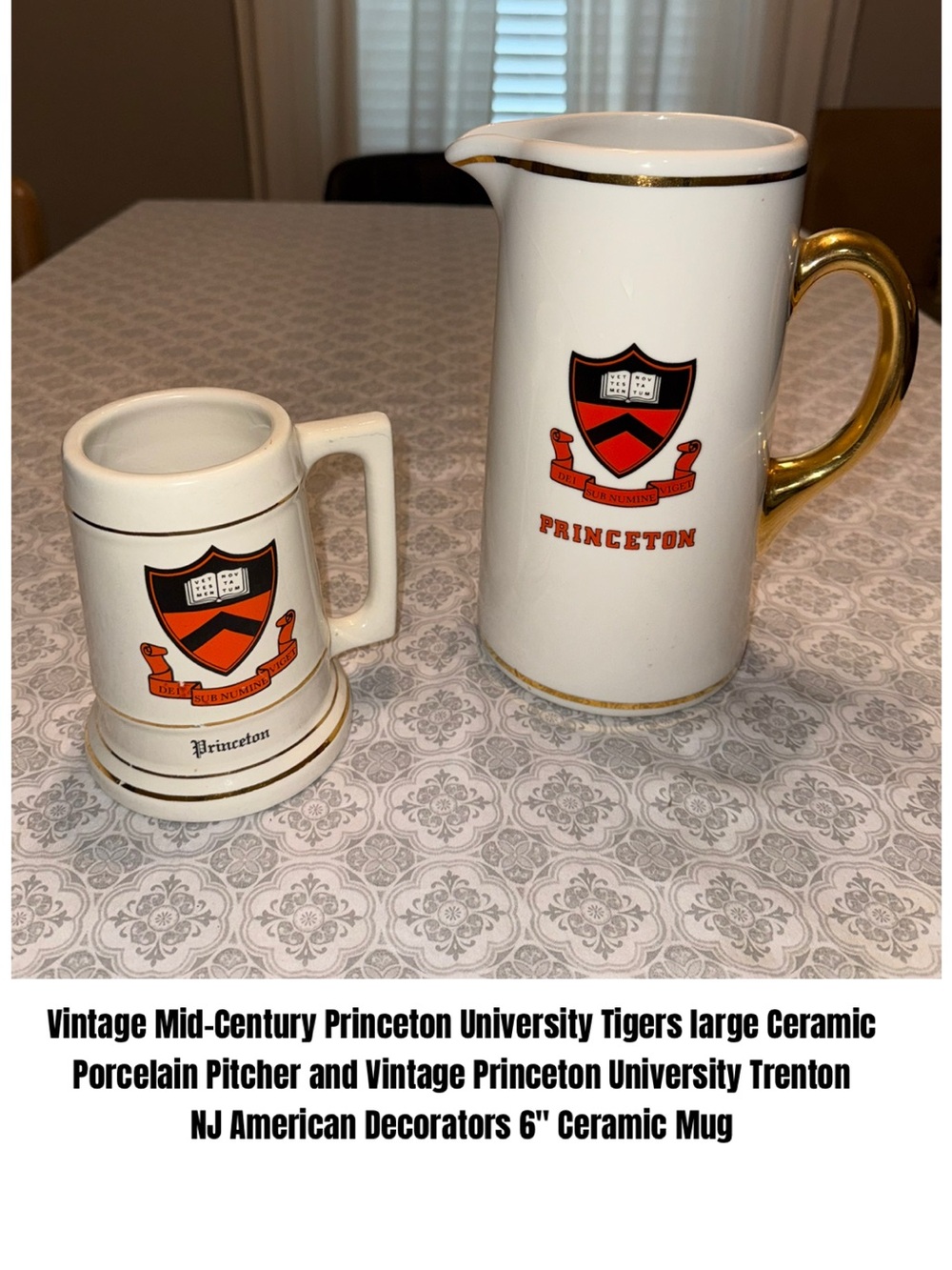 Princeton White Ceramic Pitcher and Mug with Gold Trim and Orange Shield